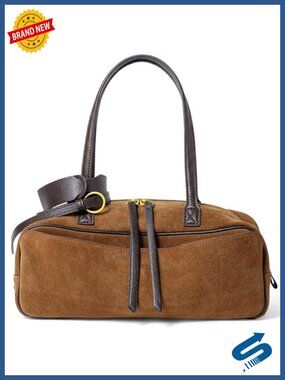 Suede Leather Shoulder Bag, East-West Baguette Purse with Zip Closure